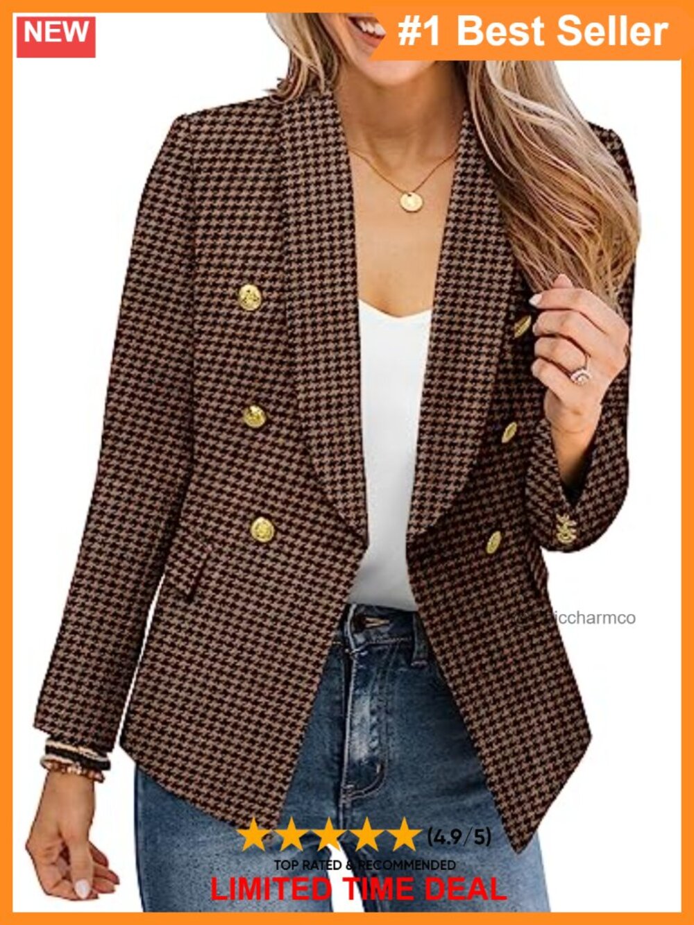 Double Breasted Blazer Gold Button Business Casual Jacket Notched Lapel
